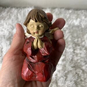 Praying Kneeling Red Angel Carved Wood Look Brown Hair